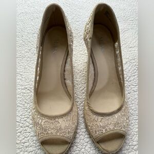 M.P.S light cream lace suede jute wedge, peep toe, used once. Great summer shoe!